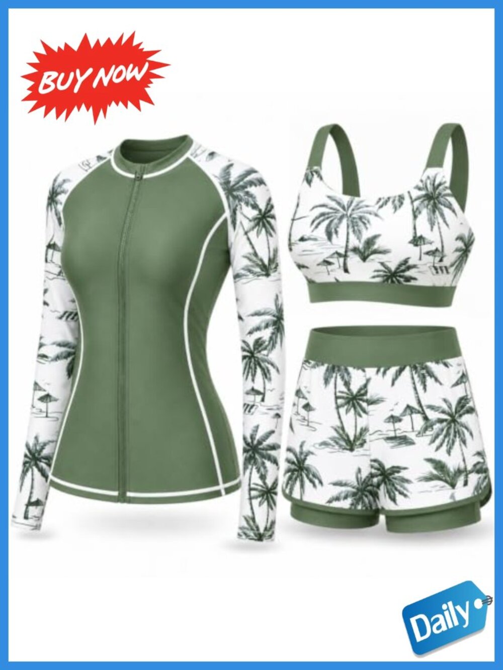 3 Piece Rash Guard Set High Waist Swim Shorts UPF 50+ Long Sleeve